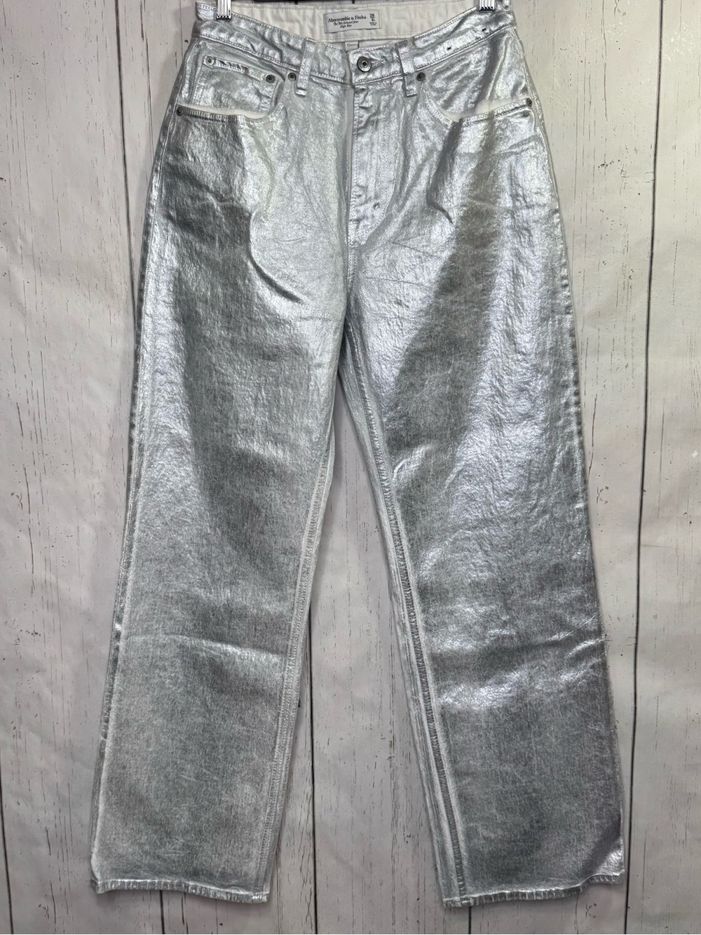 Abercrombie & Fitch Silver 90s Relaxed High Rise Metallic Jeans Y2K Festival 28